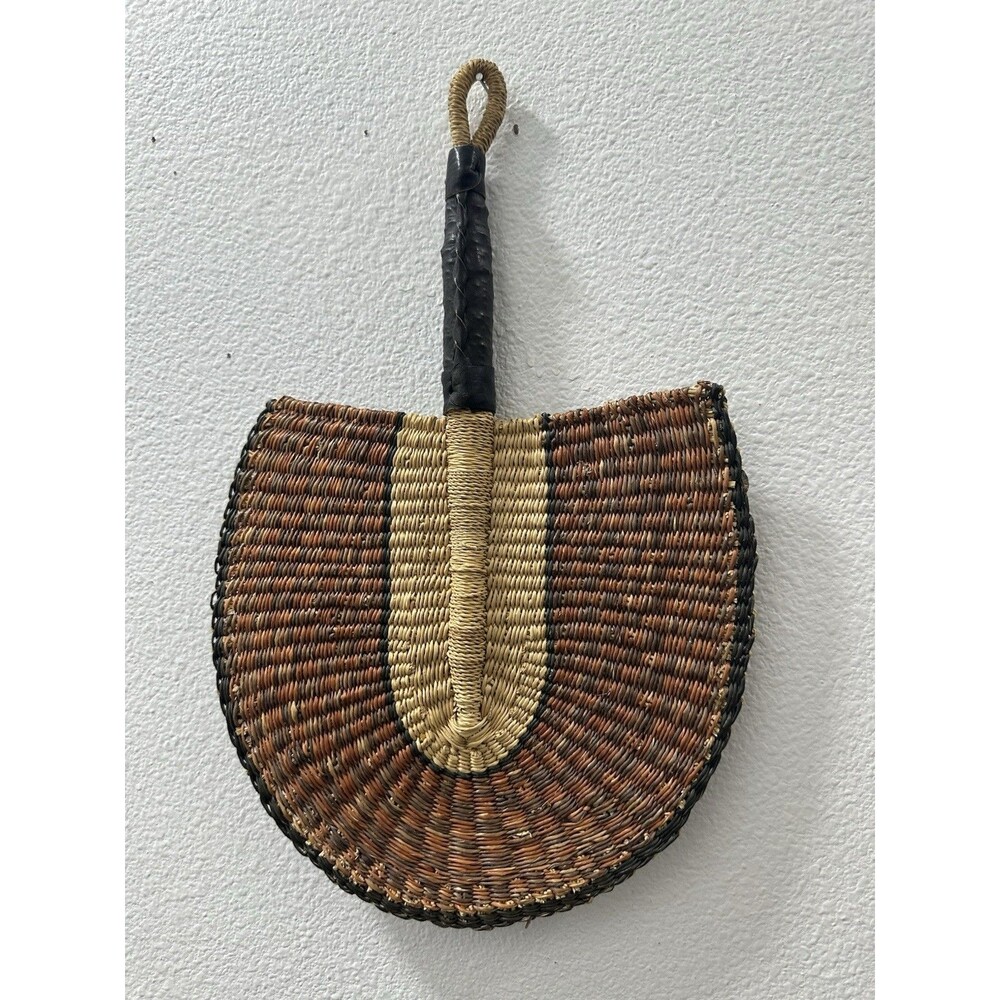 Bolga Fan Wicker Straw Leather Wrapped Handle Wall Decor